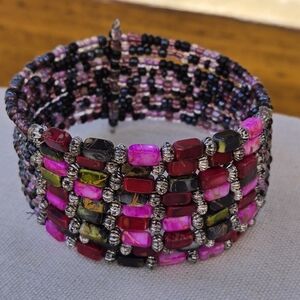 Vintage Multi Row Beaded Cuff Open Bracelet Purple Pink Black Silver